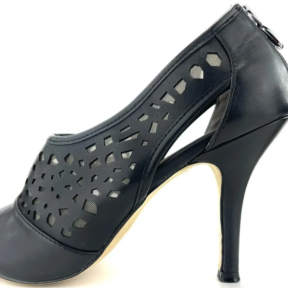 Tahari Lilith Black Stiletto Heels Sz 8.5 Open Toe Leather Laser Cut-Out Accent